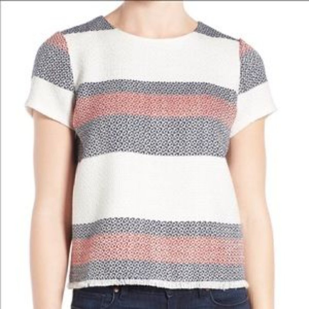 HALOGEN Tweed Cropped Top Women's size XL Red White & Blue Short Sleeve Crew